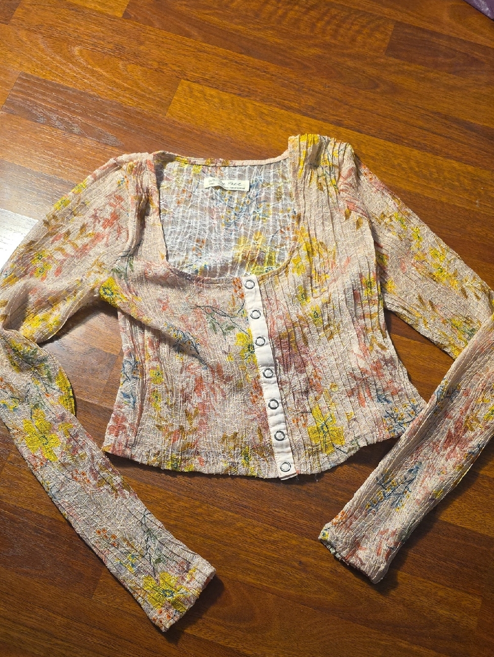 We The Free Floral Crinkle Short Top in Yellow, Blue & Coral